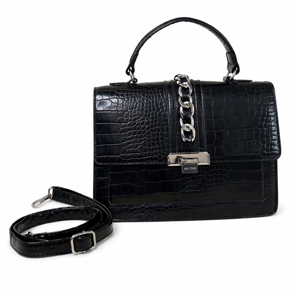 Aldo Handbags - ALDO Black Croc Embossed Vegan Leather Top Handle Crossbody Silver Chain